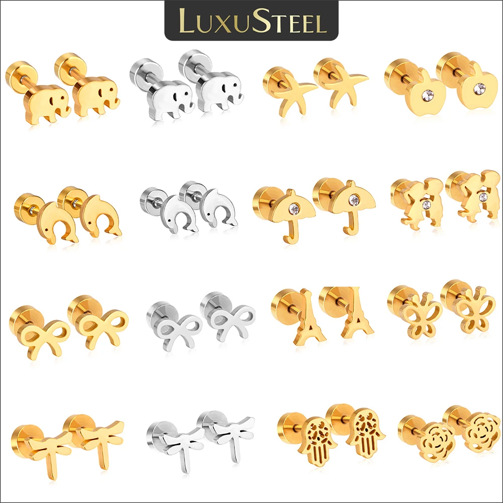 LUXUSTEEL Stainless Steel Cute Animals Elephant Stud Earrings Baby Girl Accessories Gold Color Earring Fashion Jewelry Party