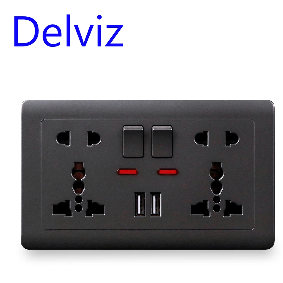 Delviz EU Standard Usb Socket, Gray Embedded Panel,2.1A Dual USB Port, AC 110-250V, UK Wall Power Socket Universal 5 Hole Outlet