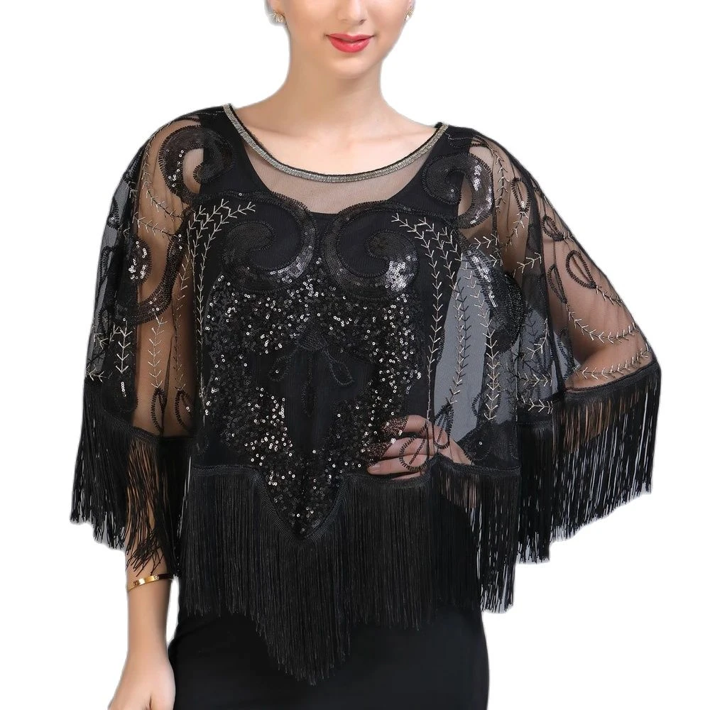 Vintage Sequin Tassel Evening Cape 1920s Flapper Party Fringed Shawl Wraps Embroidery Pullover Wedding Bridal Shawl Scarf