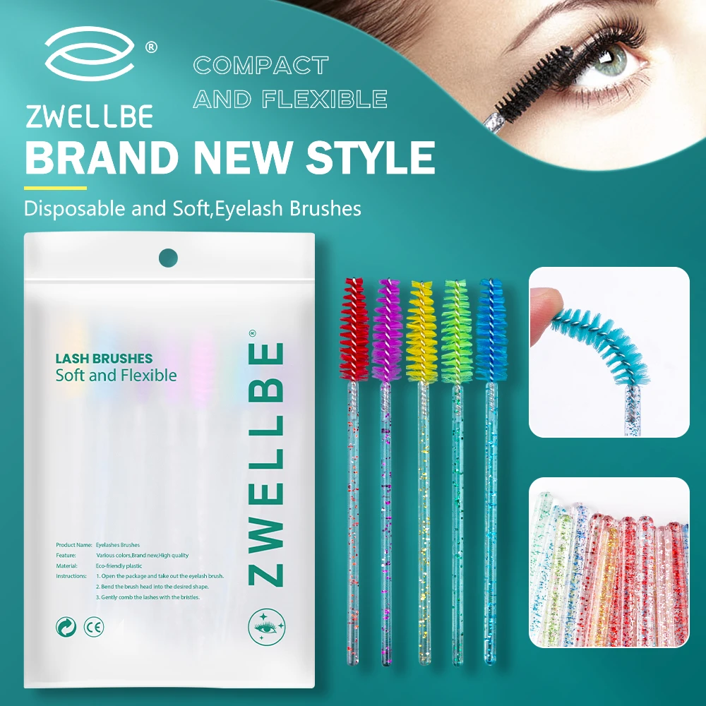 zwellbe Good Quality Disposable 50 Pcs/Pack Crystal Eyelash Makeup Brush  Diamond Handle Mascara Wands Eyelash Extension Tool