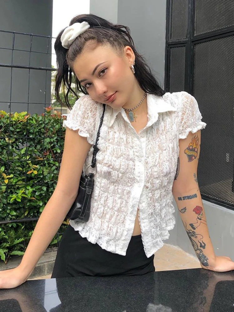 ArtSu White Lace Shirts Women Turn-down Collar Short Puff Sleeve Tops Summer Single Breasted See Through Sexy Tee Shirt T-shirts