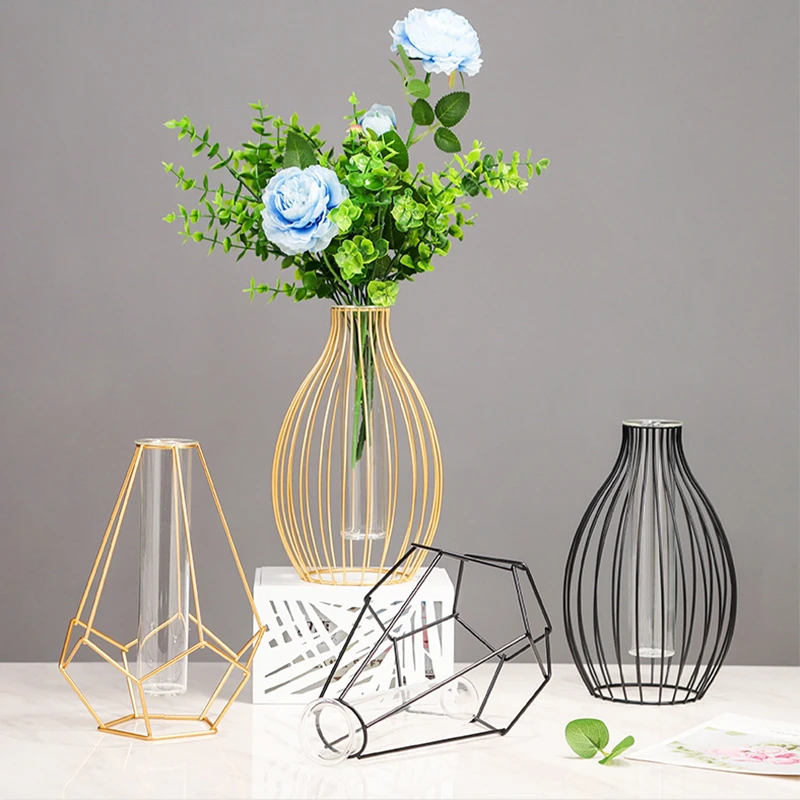 Nordic Simple Golden Glass Vase Hydroponic Plant Flower Vase Iron Geometric Glass Test Tube Metal Plant Holder Modern Home Decor