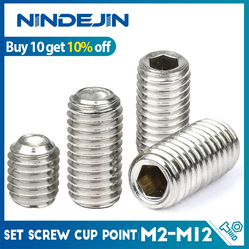NINDEJIN hex socket set screw cup point stainless steel m2 m3 m4 m5 m6 m8 m10 headless hexagon socket grub screw DIN916