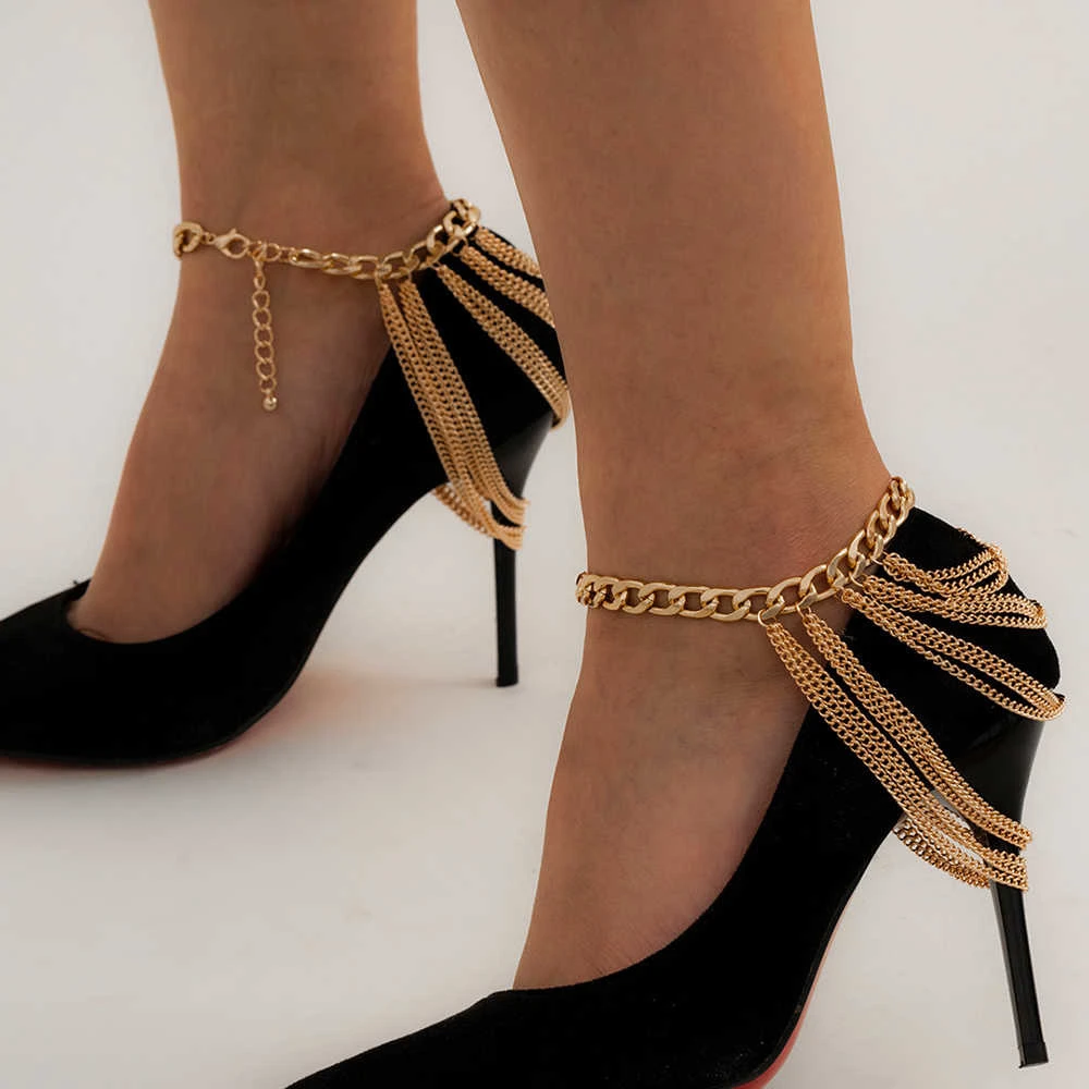 IngeSight.Z Multi Layered Link Chain Tassel Bracelets Anklets for Women Punk Gold Color Anklets On Foot Barefoot Sandals Jewelry