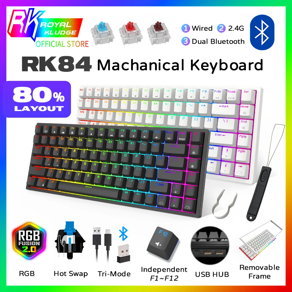 Official RK84 Wireless Bluetooth/2.4Ghz 80% RGB Mechanical Gaming Keyboard, Three Modes Connectable Keyboard with Hot-Swappble