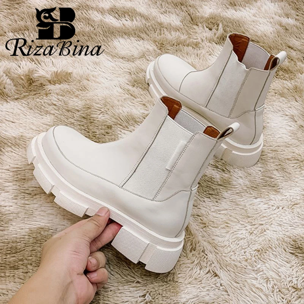 RIZABINA Ins Real Leather Women Ankle Boots Fashion Platform Warm Fur High Heel Winter Shoes Woman Casual Footwear Size 35-42