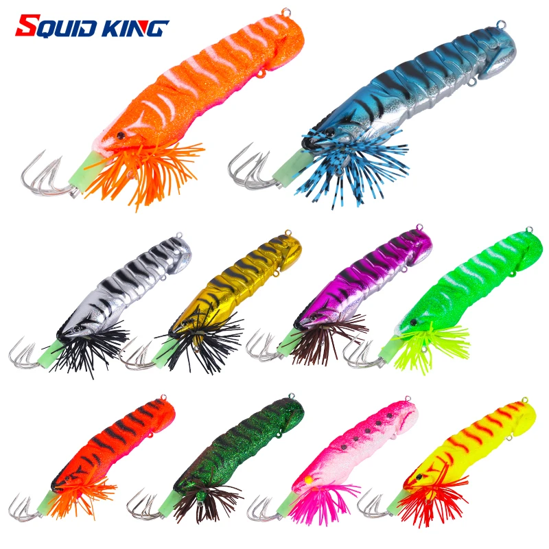 Luminous Bait Squid Hook Wood Shrimp Lures Soft foot Jigs Lifelike Simulation Silicone Octopus Bait Fishing Tackle with sound