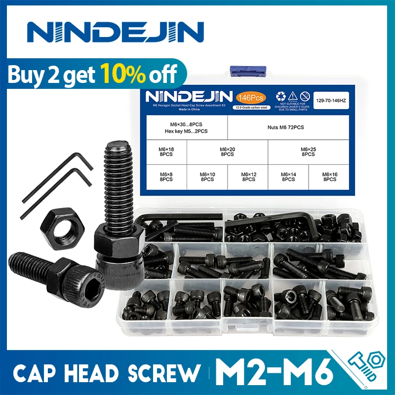 NINDEJIN hex hexagon socket head cap screw nut 12.9 grade carbon steel m2 m2.5 m3 m4 m5 m6 screw set bolt and nut assortment kit