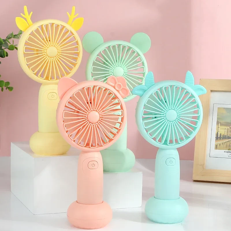 Usb Charged Fans Mini Desktop Handheld Adjustable 2 Speed Fawn Cartoon Electric Fan With Light Quiet Travel Outdoor Cooling Fans