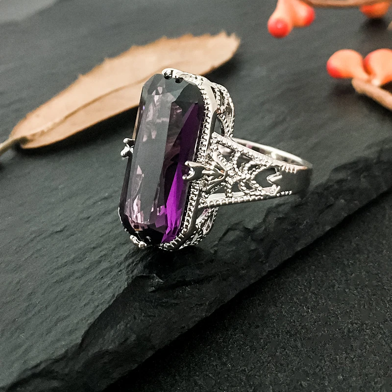 10*20mm Big Amethyst Gemstone Ring Hollowed-out 925 Sterling Silver Rings Exaggerated Silver Hand Jewelry For Women