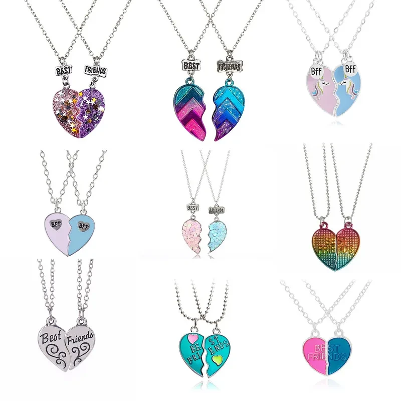 Hot Pink Blue Sequin Stitching Heart Broken Best Friends Necklace Pendant Chain BFF Friendship Jewelry Gifts For Kids 2PCS/Set