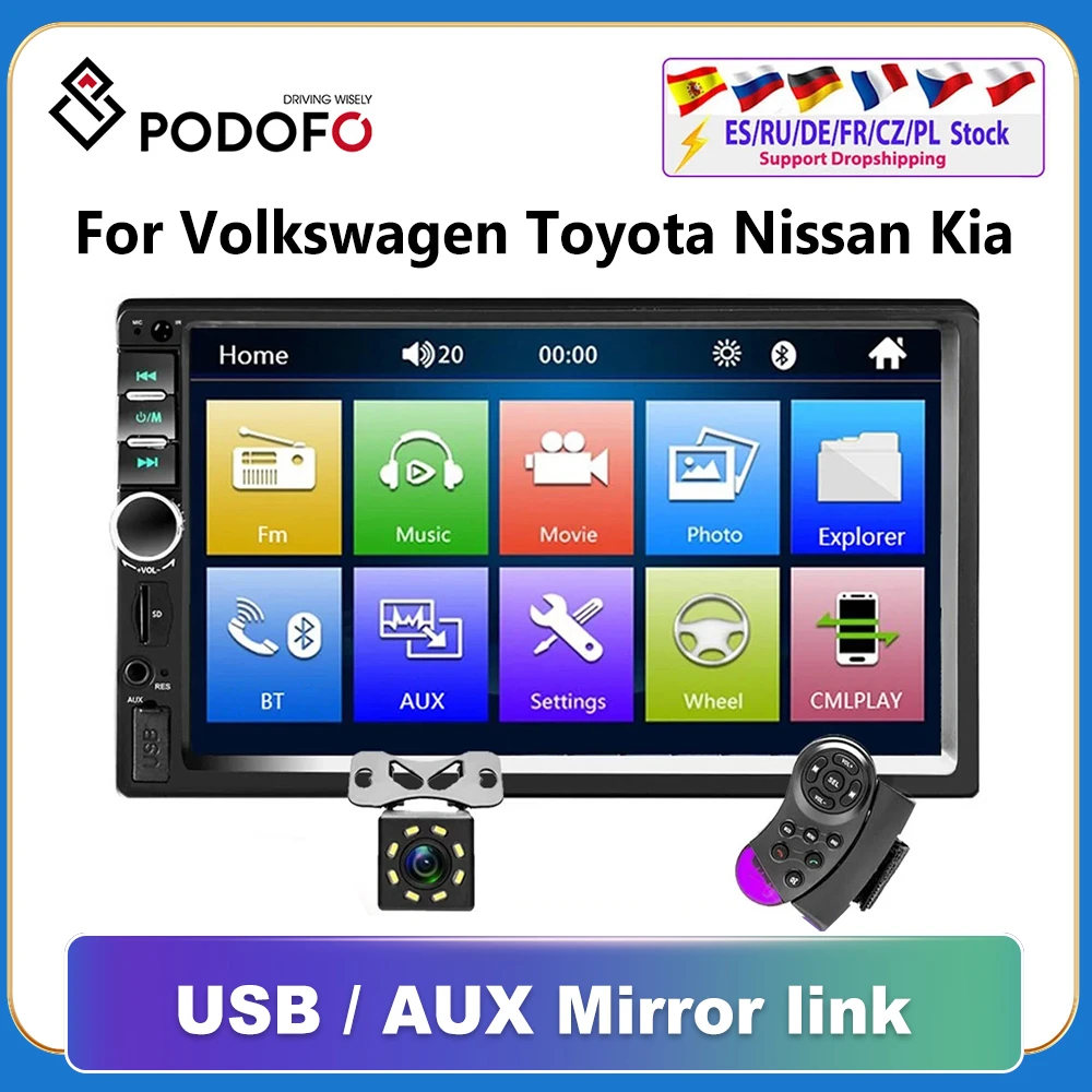 Podofo 2din car radio 2 din Car Multimedia Player 2DIN Autoradio Android Mirrorlink 2din Car Stereo MP5 Bluetooth USB FM Camera