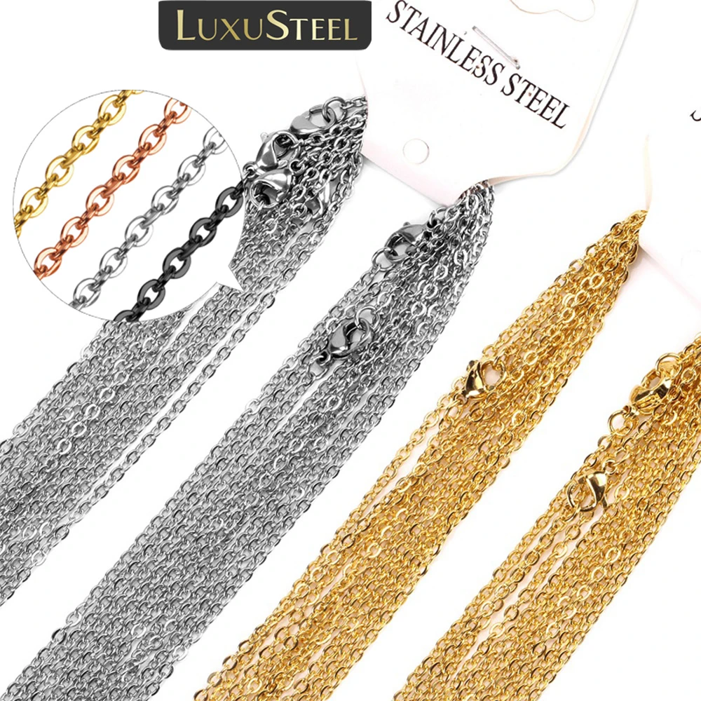 LUXUSTEEL Stainless Steel Chains 10pcs/lot 2mm/1mm Rolo Link Cuban Chain Long Necklace Pendants DIY Jewelry Party Wholesale