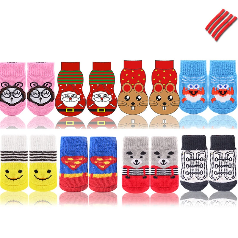 Fashion 1set/4pcs Christmas New Year Cartoon Pet Socks Soft Cotton Cute Non-slip Warm Dog Sock for Dog Teddy Cat Pet Supplies