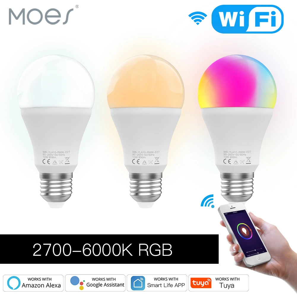 Moes WiFi Smart LED Dimmable Light Bulb 10W RGB C+W Smart Life App Rhythm Control Work with Alexa Google Home E27 95-265V