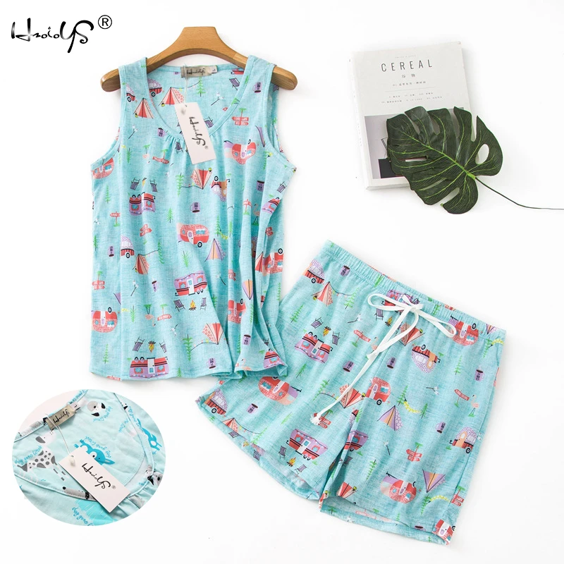 Spring and Summer Pajamas 100% Cotton Sleepwear Suit Women Casual Pajama Sets Cartoon Vest Shirt + Shorts Pajamas Suit Plus Size