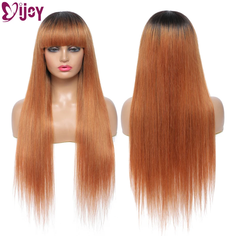 Omber Brown Brazilian Straight Human Hair Wigs With Bangs IJOY Full Machine Made Wig For Black Women Remy Human Hair Wigs
