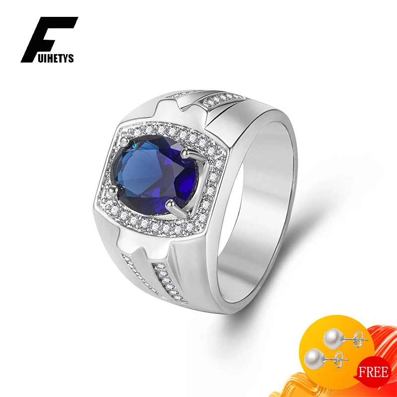 Men Ring 925 Silver Jewelry Oval Shape Sapphire Zircon Gemstone Fashion Finger Rings Accessory for Male Wedding Engagement Party