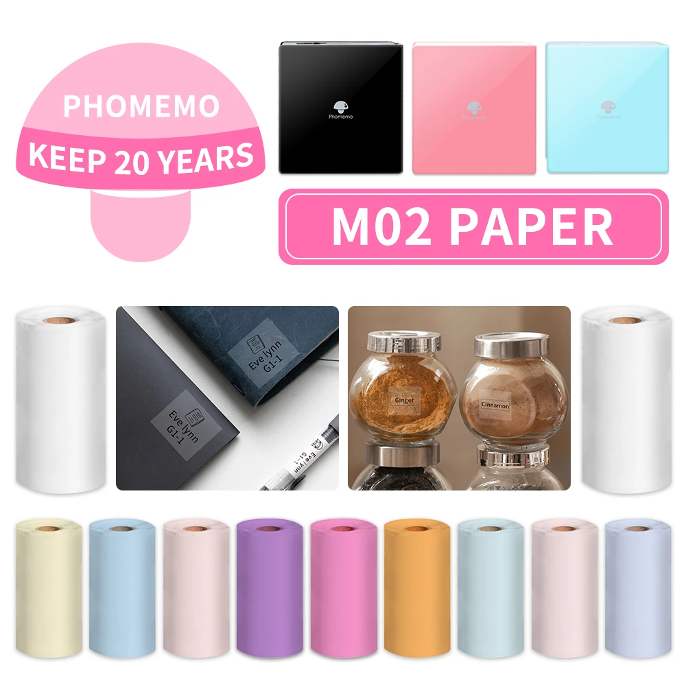 Phomemo Thermal Paper Autoadhesivo Papel Printable Sticker Label for M02/M02S/M02Pro Printer Photo Papel Rolls