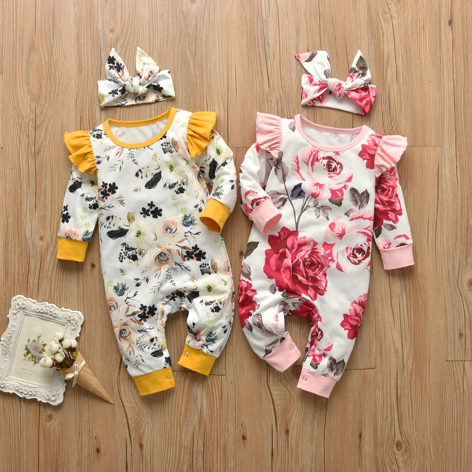Cute Baby Girls Casual Floral Romper Infant Toddler Long Sleeve Jumpsuit and Hat Newborn Baby Clothes Spring Autumn Outfits