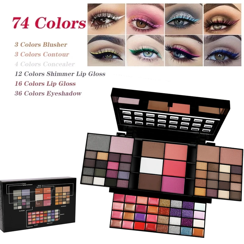 Eyeshadow Glitter Makeup Set 74 Color a Box Palette Layers Concealer Lipstick Powder Blush Cosmetics Set with Mirror and Brushes