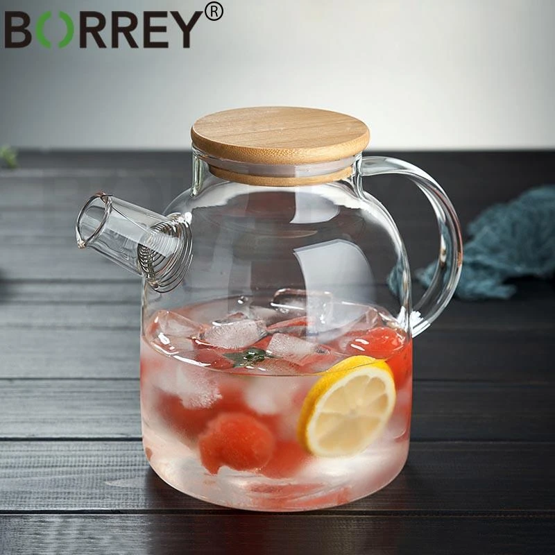 BORREY Big Heat-Resistant Glass Teapot  Flower Tea Kettle Large Clear Glass Fruit Juice Container Ceramic Teapot Holder Base