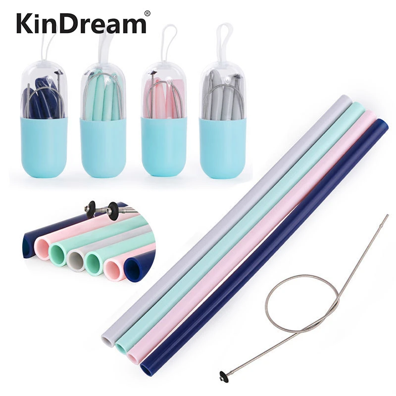 New Reusable Food  Grade Silicone Straw Outdoor Portable Foldable Drinking Straw With PP Luxury Carrying Case and Cleaning Brush