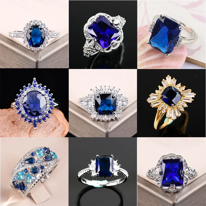 Fashion Big Blue Stone Ring Charm Jewelry Women CZ Wedding s Promise Engagement  Ladies Accessories Gifts Z4K146
