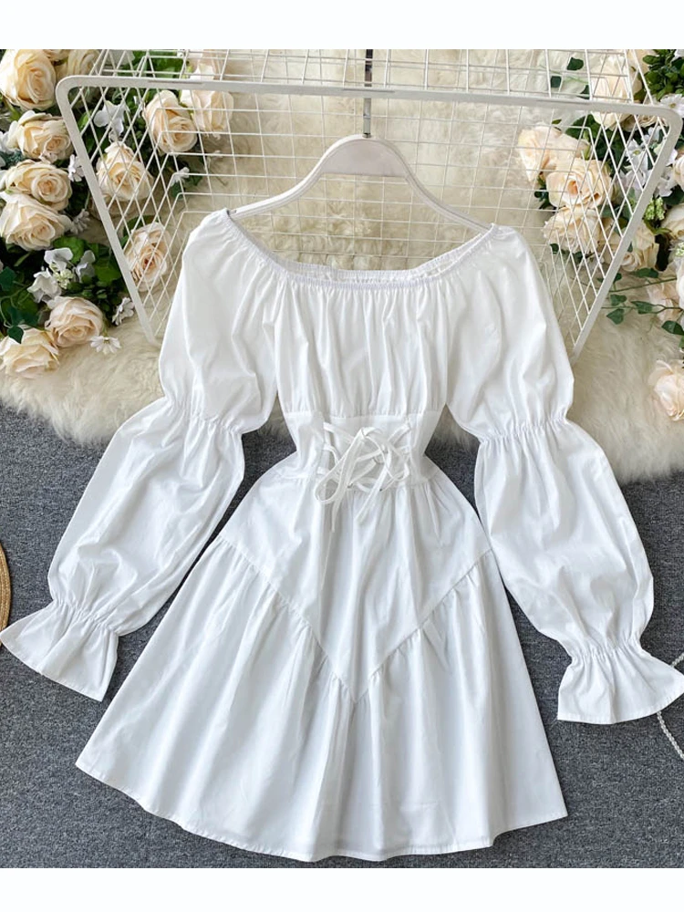 YuooMuoo Early Autumn Dress 2020 Retro Gothic Women White Black Bandage Mini Dress Sexy Off Shoulder Puff Sleeve Korean Vestidos