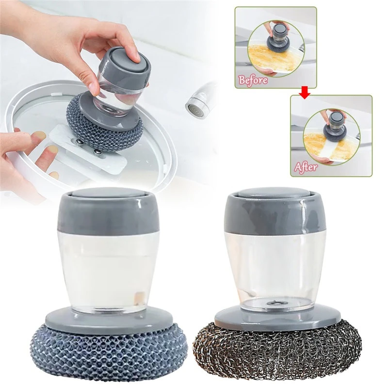 Kitchen Soap Dispensing Palm Brush Automatic Liquid Adding PET Ball Pot Brush Cleaner Push-type Brush Kitchen Detergent Tools