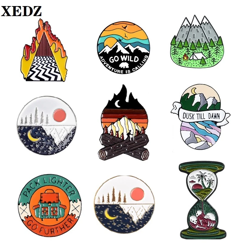 Outdoor Adventure Pins Series Drifting Picnic Vacation Forest Map Tent Desert Island Sunset Badges Friends Travel Brooch Jewelry