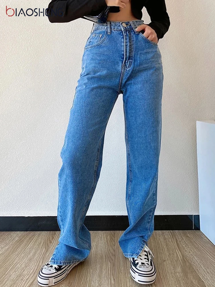 Women's Pants Straight Leg Jeans Women High Waist Slim Loose Autumn Winter Pants Casual Split Washed Mom Fashion Trousers