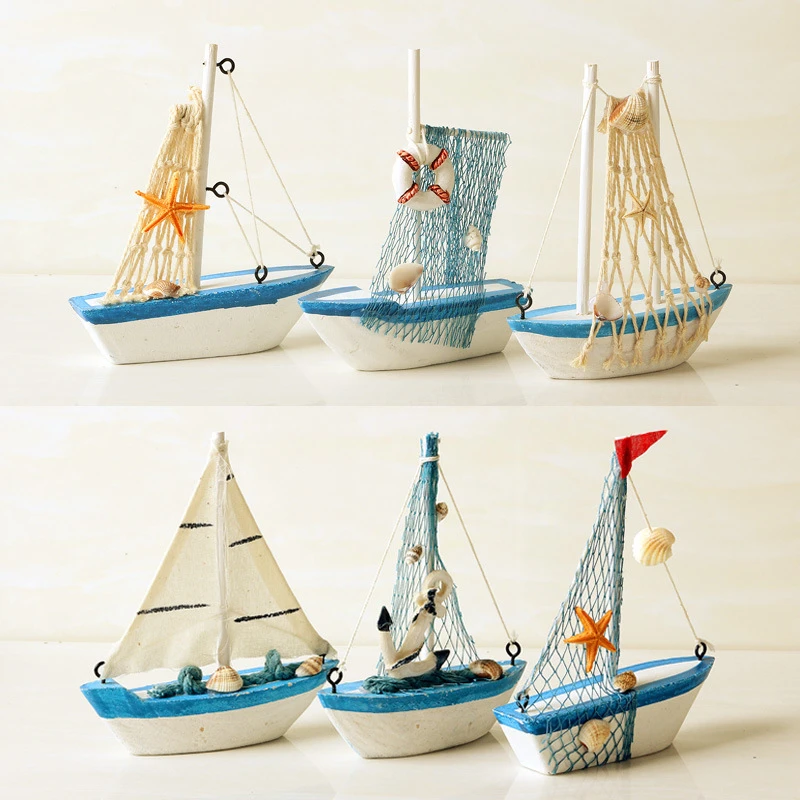 Mediterranean Wooden Model Ships Micro Landscape Sailing Fishing Boat Garden Miniature Figurines DIY Nautical Home Decoration