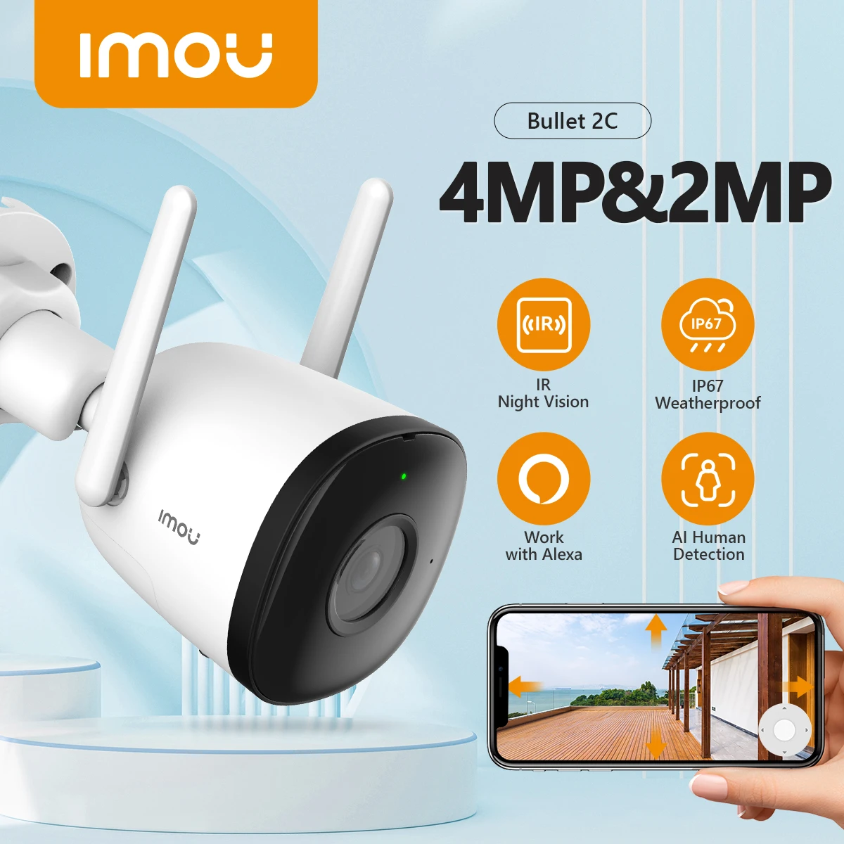 Dahua imou Bullet 2C 4MP 2MP Wifi Camera Dual Antenna Outdoor Weatherproof Audio Recording AI Human Detection Outdoor ip Camera