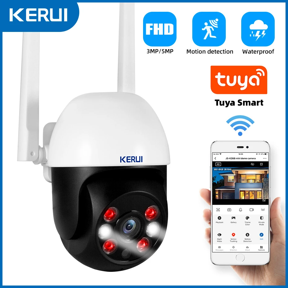 KERUI 1080P 3MP PTZ WiFi IP Wireless Camera Tuya Smart Outdoor Home Security 4X Digital Zoom Dome Camera CCTV Video Surveillance