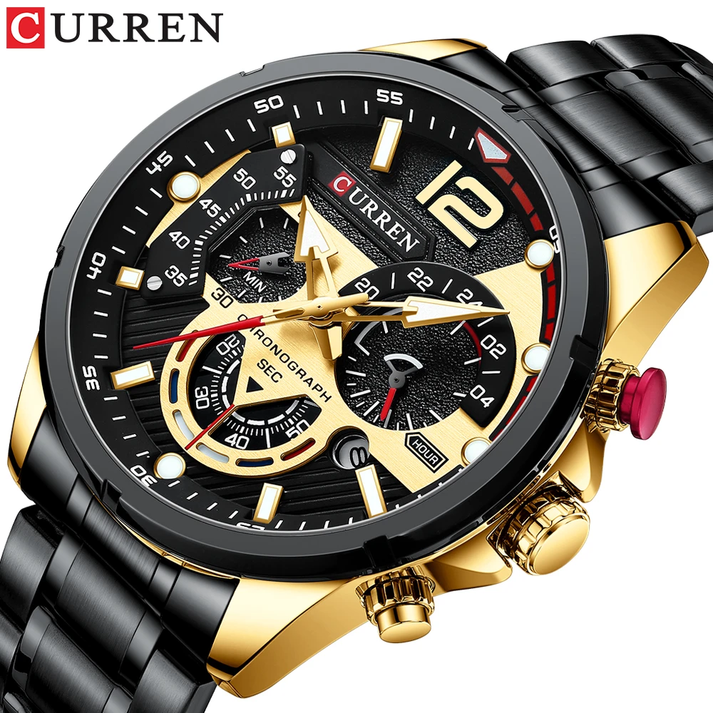 CURREN Fashion Casual Quartz Watches Man Sport Branded Wristwatches with Chronograph Stainless Steel Band black Male Clock
