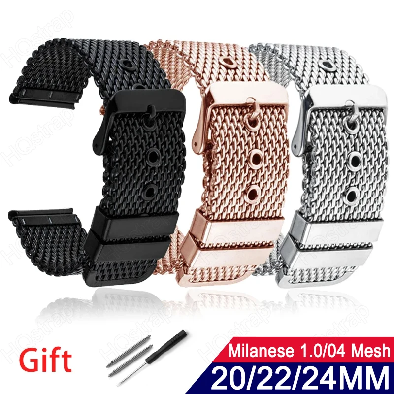 18mm 20mm 22mm 24mm Milanese Mesh Watchband Stainless Steel Metal Strap Men Women 1.0/0.4mesh Pin Buckle Bracelet Accessories