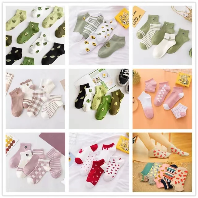 5 Pairs Spring Summer Cotton Socks Women Avocado Strawberry Embroidery Breathable Funny Sock Harajuku School Girl Ankle Socks