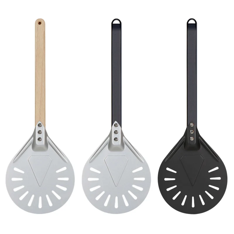 Pizza Turning small Pizza Peel Paddle Short round Pizza Tool Non Slip wooden Handle 7 8 9 inch Perforated Pizza Shovel Aluminum