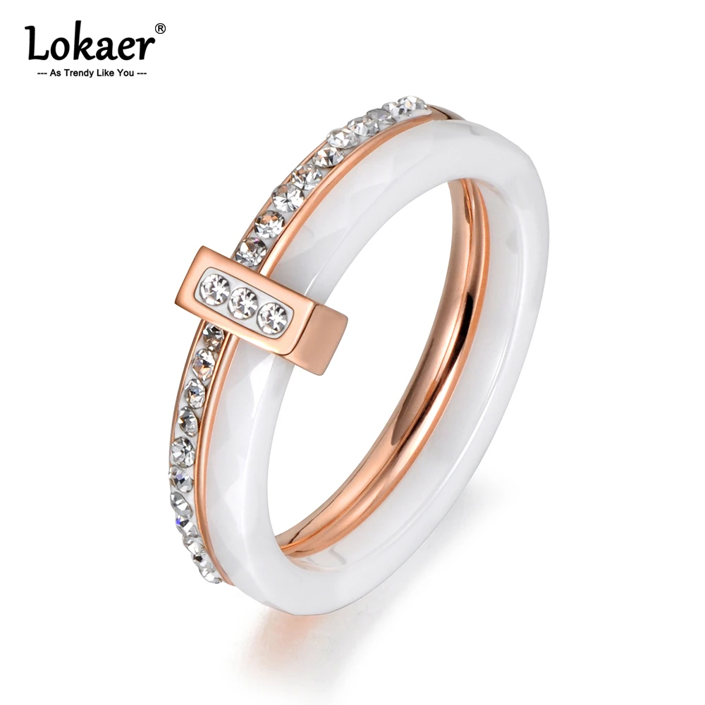 Lokaer 2 Layers Black/White Ceramic Crystal Wedding Rings Jewelry Rose/White Gold Stainless Steel Rhinestone Engagement R18054