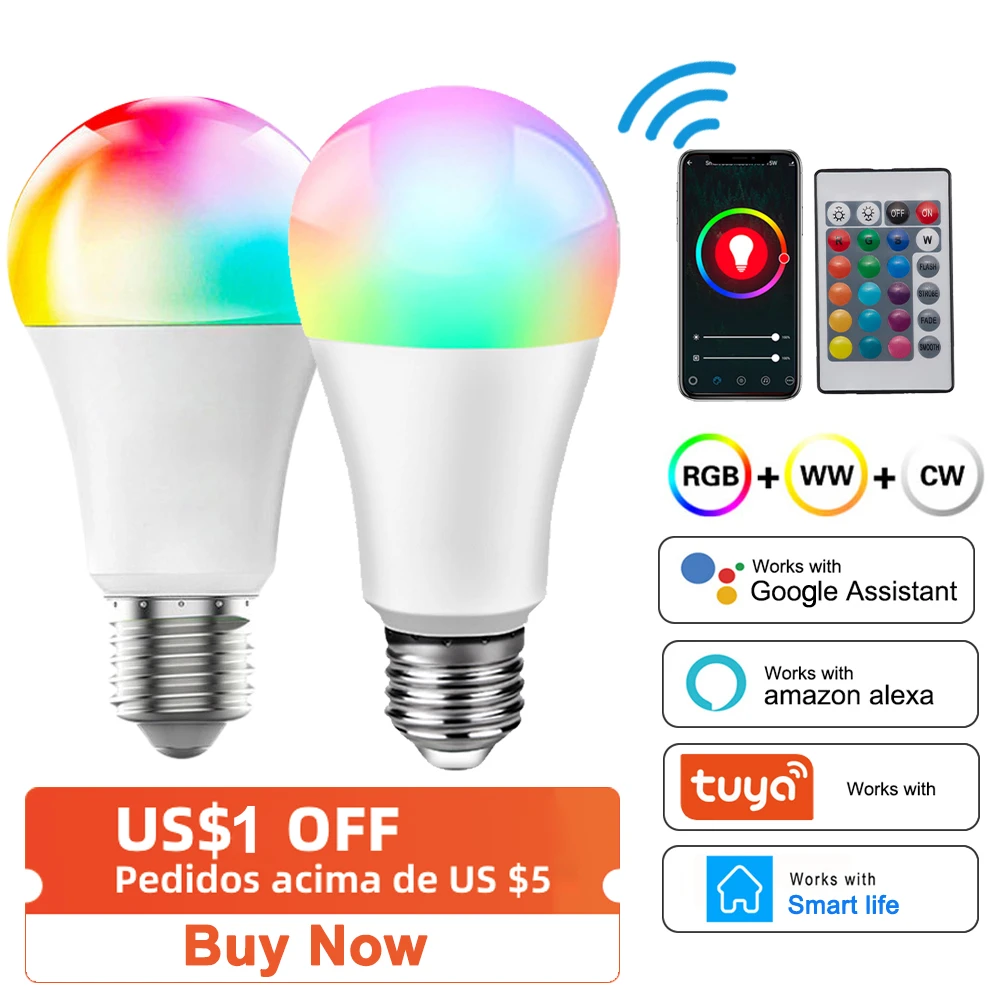 15W 18W Tuya WiFi Smart Light Bulb E27 RGB+White LED Lamp Dimmable Magic Bulb with Smart APP Voice Control for Google Home,Alexa