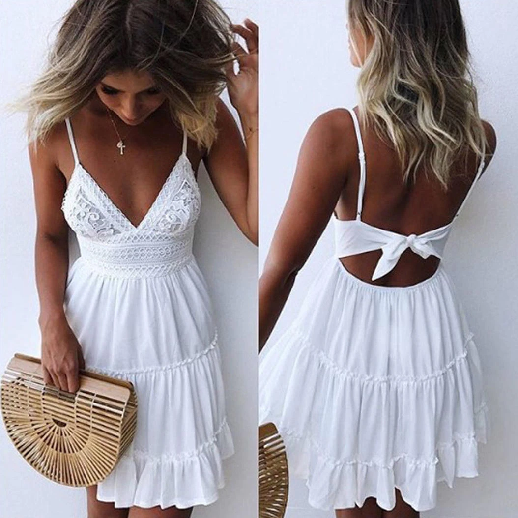 Women Boho Sexy Dress Summer Strappy Lace V-neck Dresses Female Beach Backless Bandage Party Sundress Mini Ruffle White Dresses