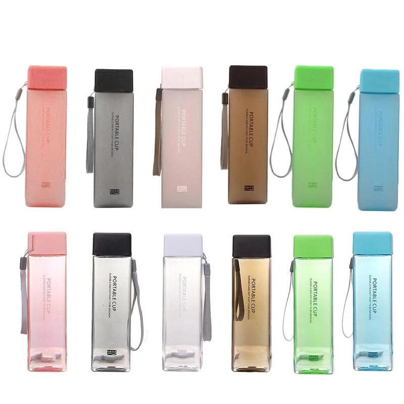 1 pcs 450ml transparent square plastic frosted  cup outdoor cold juice sports  with portable milk rope water cup