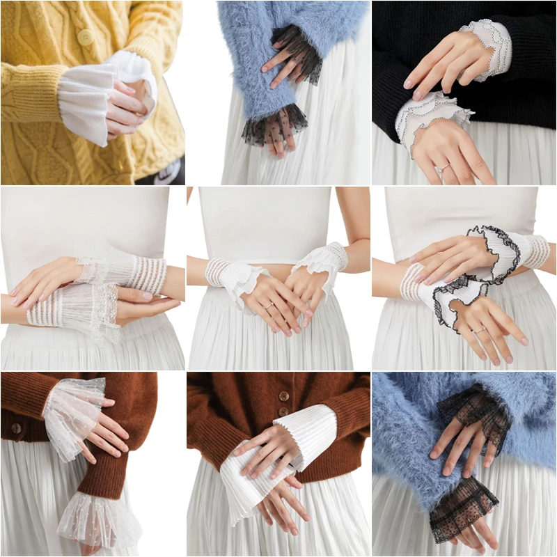 Womens Pleated lace ruffle renaissance Cuffs Hollow Out Embroidery Floral Lace cuff lace Sleeves removable detachable sleeves