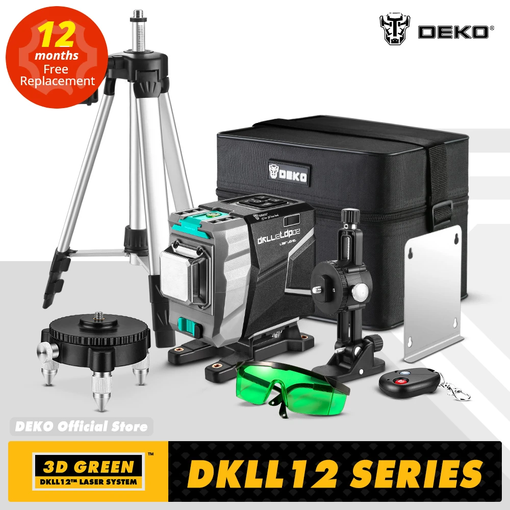 DEKO DKLL12tdP02 Series 12 Lines 3D Green Laser Level Horizontal&Vertical Cross Lines With Auto Self-Leveling, High-Precision