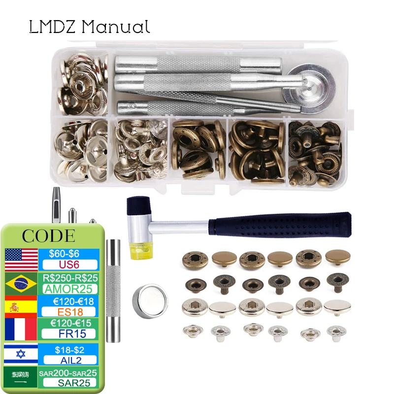 LMDZ Leather Snap Fasteners Kit Press Stud Metal Button Snaps with Hammer Installation Tools for DIY Leather Craft Project