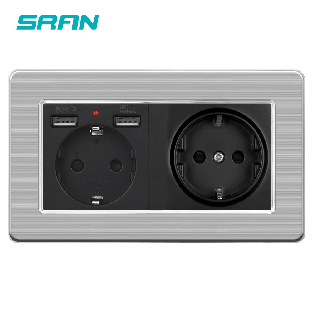 SRAN EU dual frame power socket and socket with usb output 5v2.1A  with hidden indicator stainless steel panel 146mm*86mm