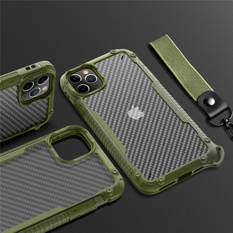 Armor Matte Shockproof Bumper Lanyard Phone Case For iPhone 12 11Pro Max XR XS Max X 7 8 Plus 13Pro Transparent Anti-Shock Cover