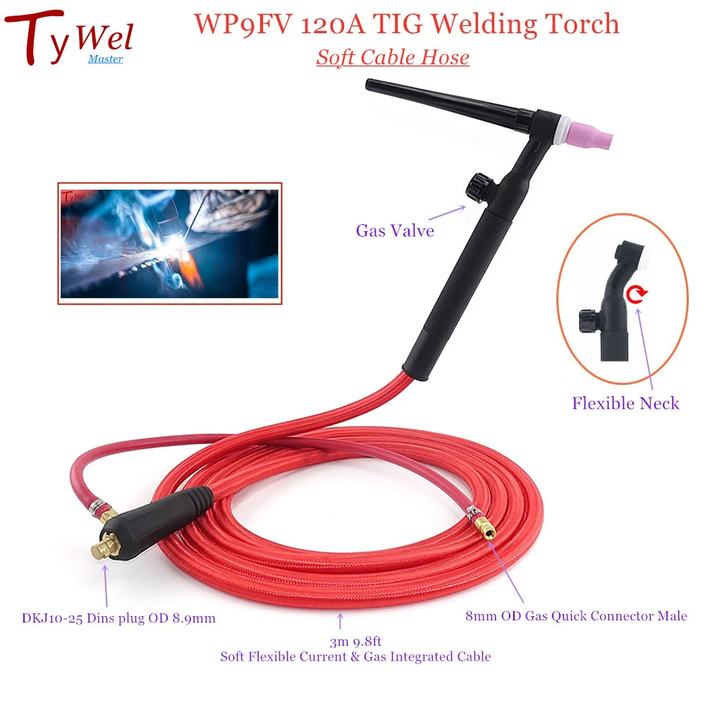 WP9FV 120A TIG Welding Torch 3m Soft Hose Gas Tungsten WP9 Argon Air Cooled Flexible Valve 10-25 8mm Quick Connector Welder