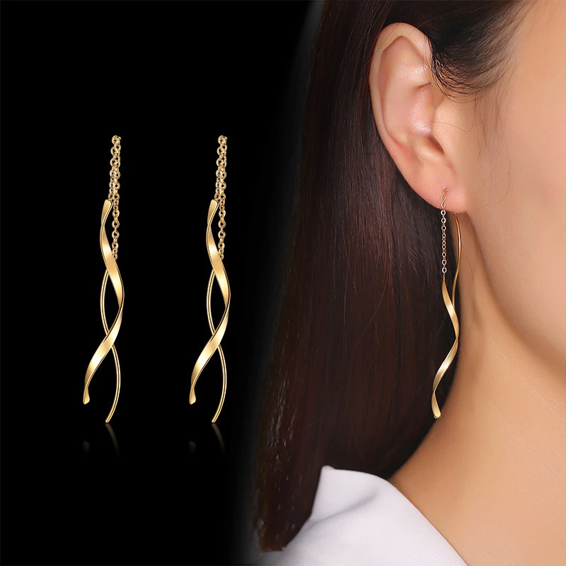 Vnox Trendy Long Twisted Line Earrings for Women Party Jewelry Gold and Color Stainless Steel Dangle Earring Gifts